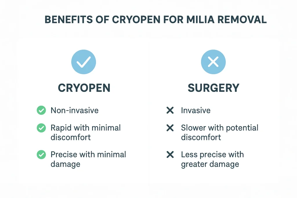 Benefits of cryopen for milia removal Borehamwood compared to surgical treatments.