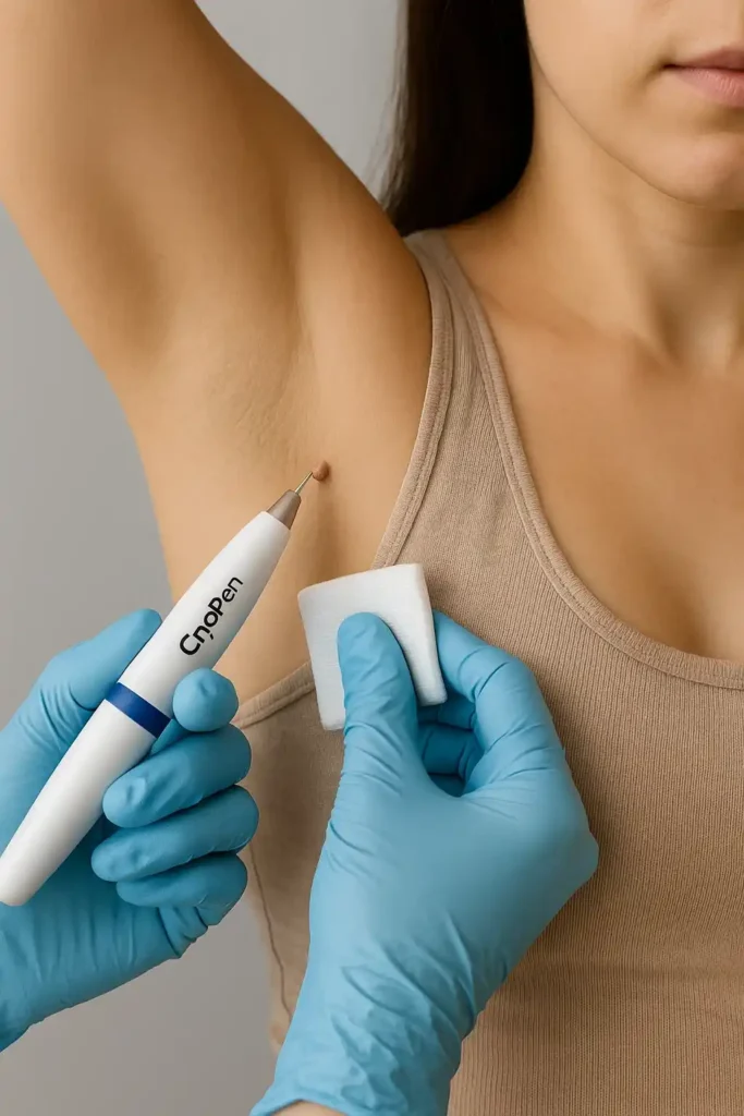 woman having cryopen to remove underarm skin tags Borehamwood