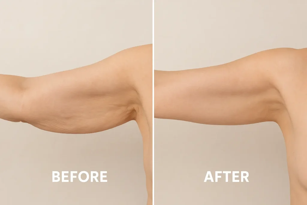 Picture of LA LIPO Borehamwood before and after results of skin tightening treatment on the upper arms.