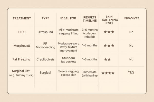 Table showing the comparisons of Skin tightening Borehamwood treatment options.